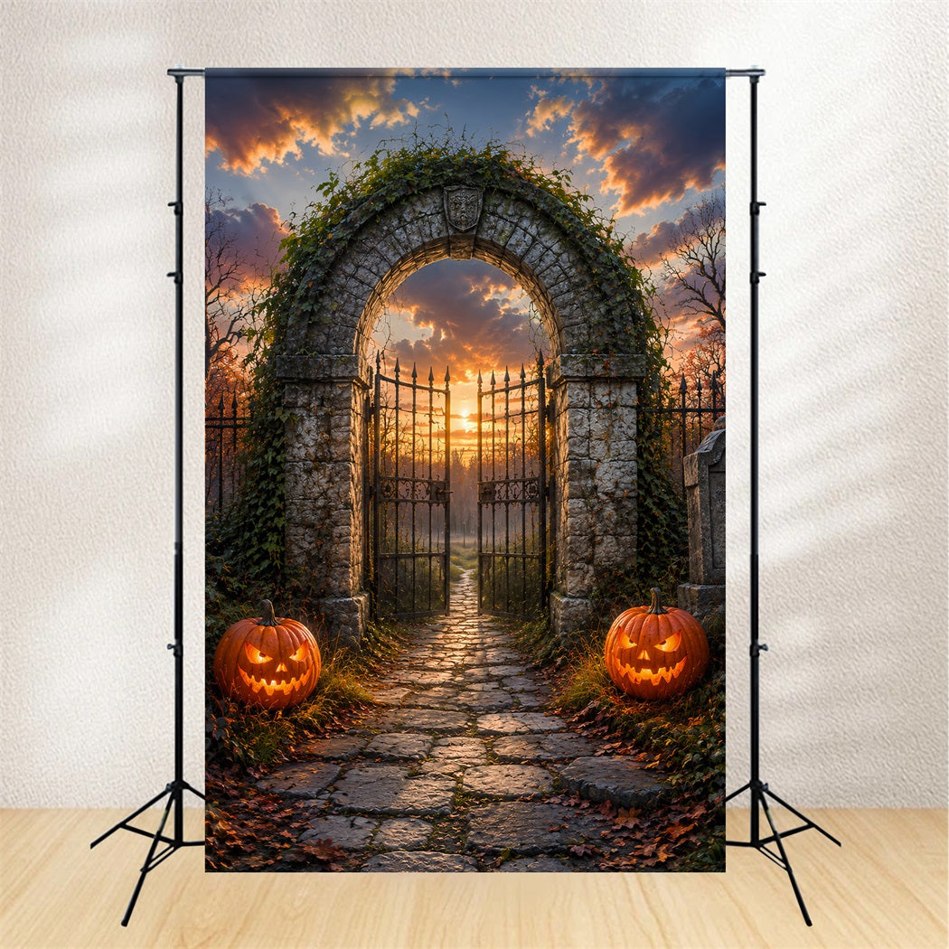 Halloween-Bogen-Hintergrund Sonnenuntergang Friedhofsbogen Kürbisse Große Halloween-Hintergründe LXX67-35