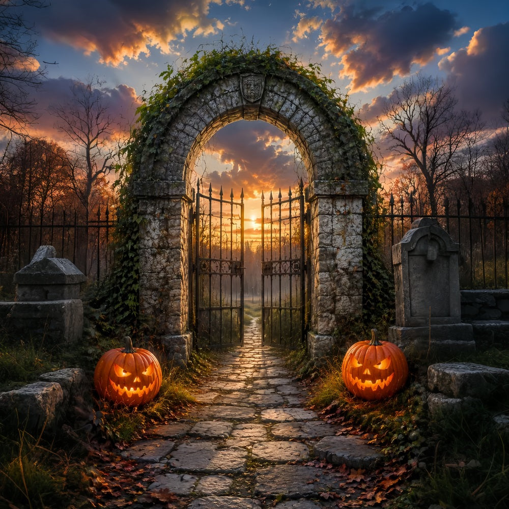 Halloween-Bogen-Hintergrund Sonnenuntergang Friedhofsbogen Kürbisse Große Halloween-Hintergründe LXX67-35