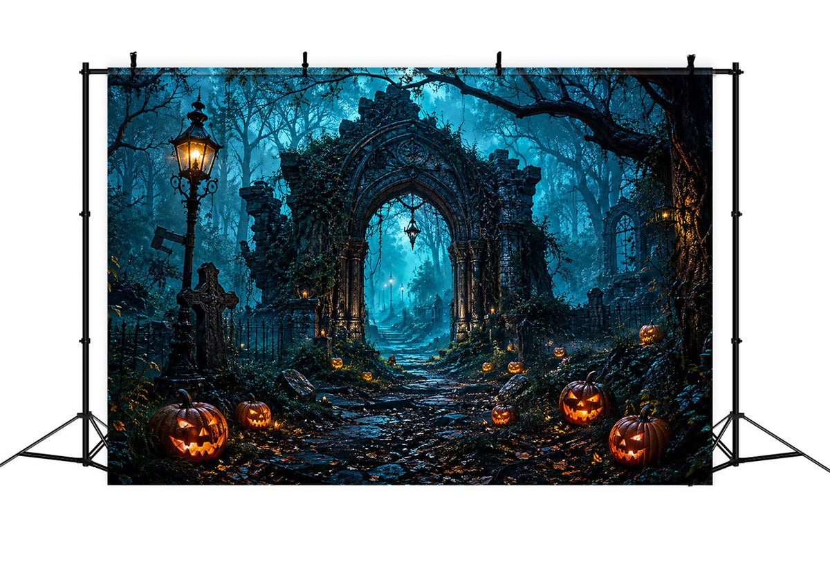 Halloween-Bogen-Hintergrund Spukwaldruinen Kürbisse Große Halloween-Hintergründe LXX67-36