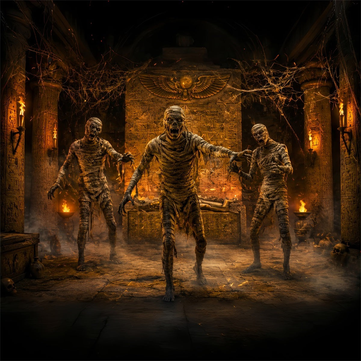 Halloween-Fotohintergrund Feuriges Grab Mumienangriff LXX67-4
