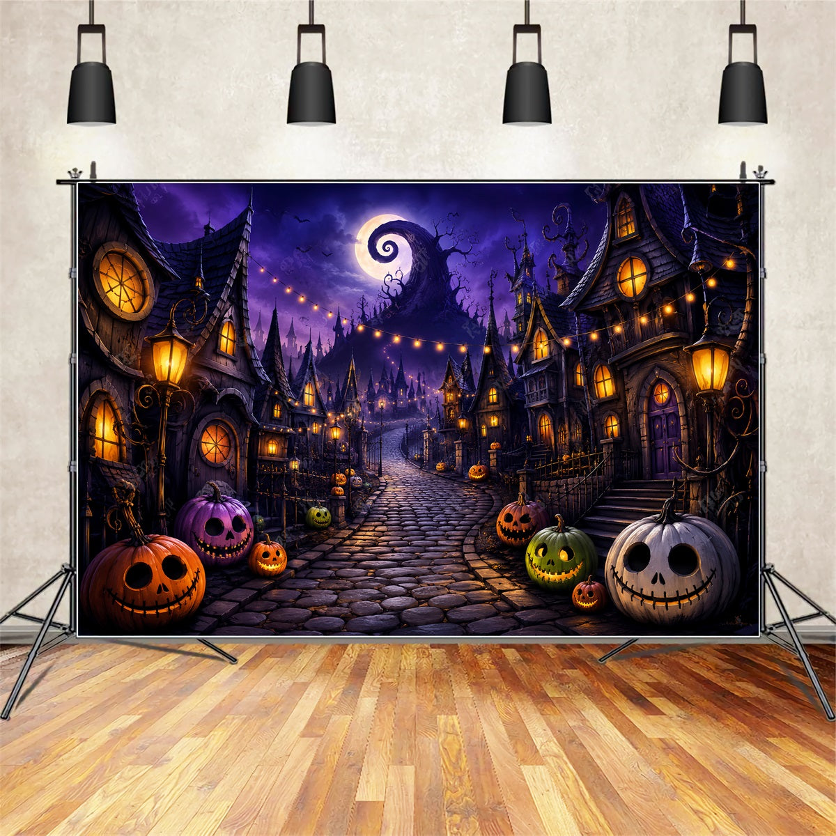 Fotohintergründe Halloween Lila Kürbis Dorfstraße Halloween Stadt Hintergrund LXX67-40