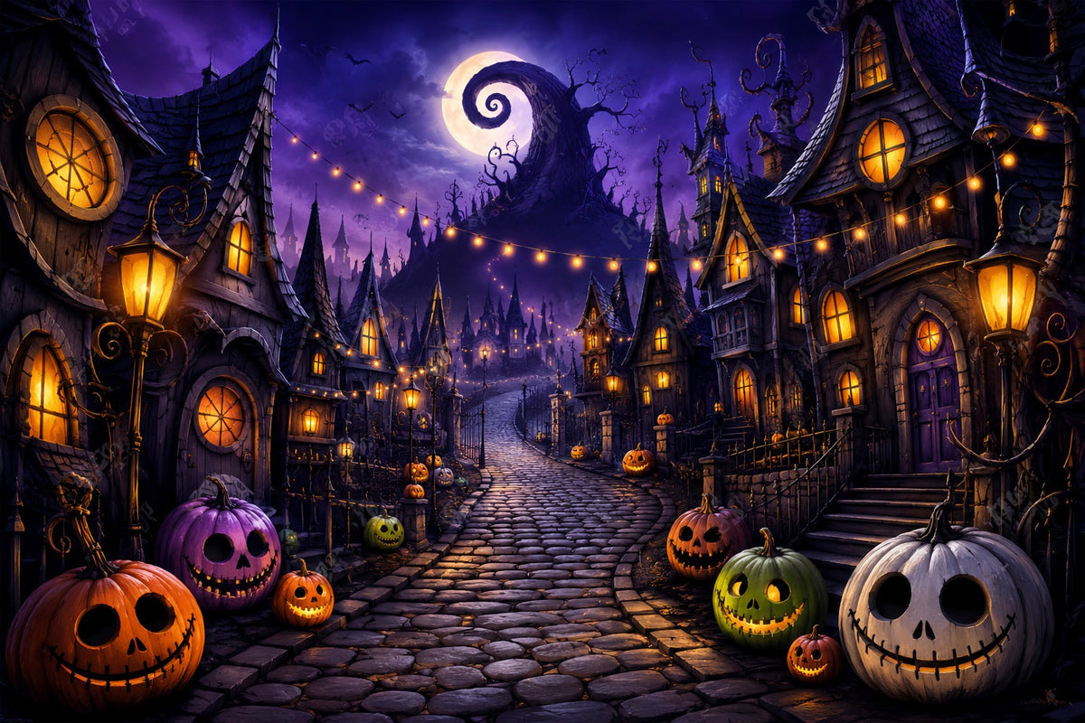 Fotohintergründe Halloween Lila Kürbis Dorfstraße Halloween Stadt Hintergrund LXX67-40