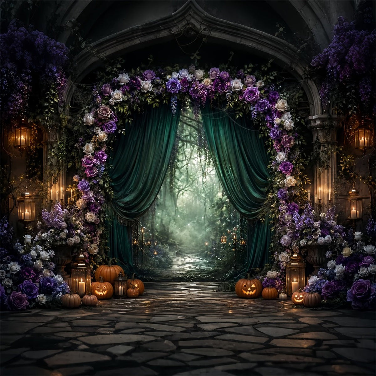 Halloween-Fotohintergrund Gotischer Blumenwaldbogen Gruseliger Halloween-Hintergrund LXX67-46