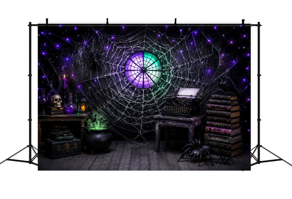 Halloween-HintergrundideenDiy-Spinnennetz-Schreibmaschinen-Zauberbuch-Studienhintergrund Lila Halloween-Hintergrund LXX67-48