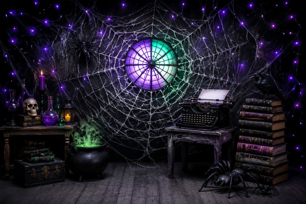 Halloween-HintergrundideenDiy-Spinnennetz-Schreibmaschinen-Zauberbuch-Studienhintergrund Lila Halloween-Hintergrund LXX67-48