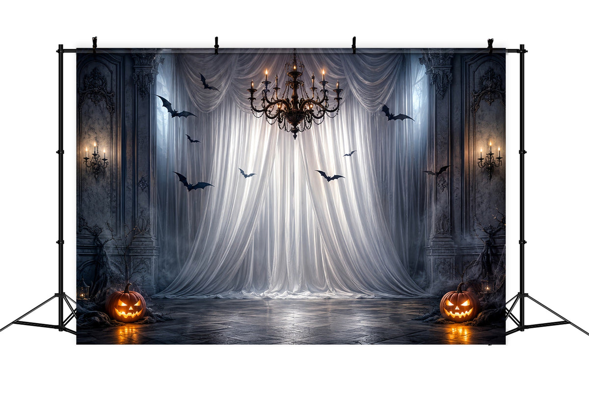 Halloween-Party-Fotohintergrund-IdeenGotische Vorhänge Kronleuchter Fledermäuse Gruseliger Halloween-Hintergrund LXX67-50