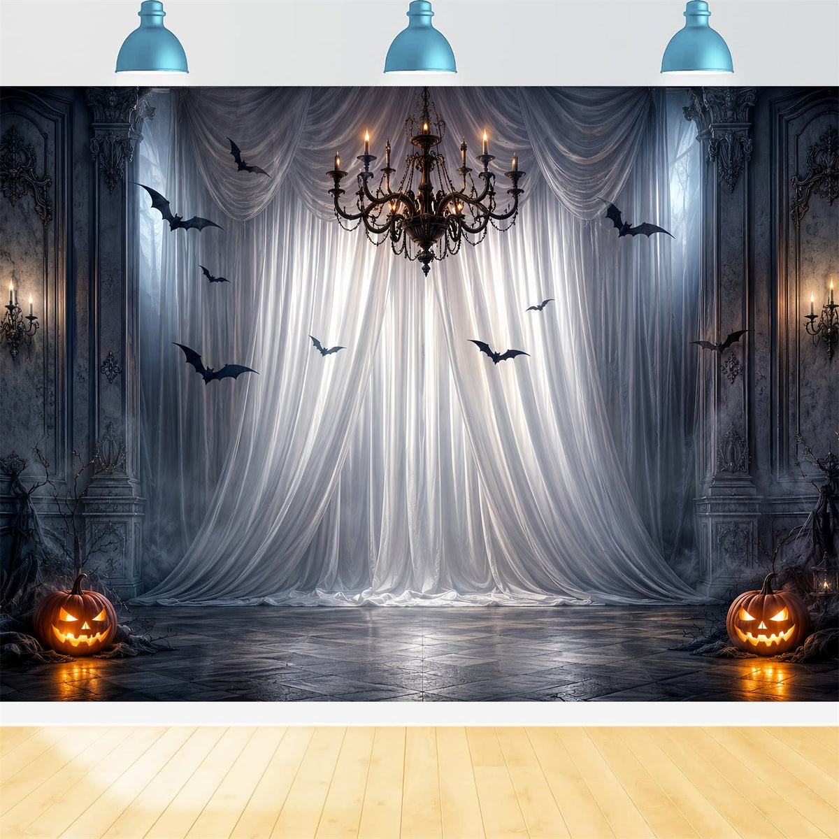 Halloween-Party-Fotohintergrund-IdeenGotische Vorhänge Kronleuchter Fledermäuse Gruseliger Halloween-Hintergrund LXX67-50