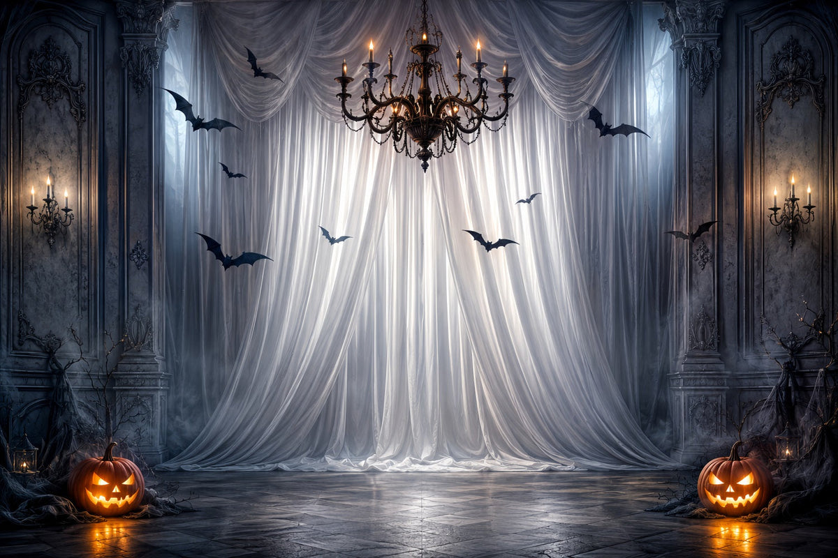 Halloween-Party-Fotohintergrund-IdeenGotische Vorhänge Kronleuchter Fledermäuse Gruseliger Halloween-Hintergrund LXX67-50