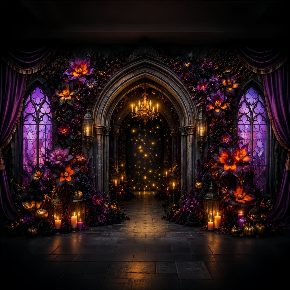 Halloween-Kulisse Lila Floral Gotischer Bogen-Hintergrund Für Halloween LXX67-51