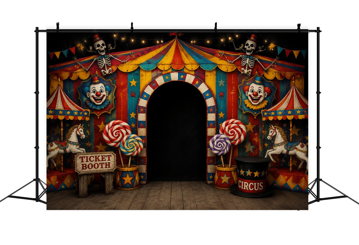Gruselige Halloween-Fotohintergründe Skelettclown Zirkuseingang Fröhlicher Halloween-Hintergrund LXX67-52