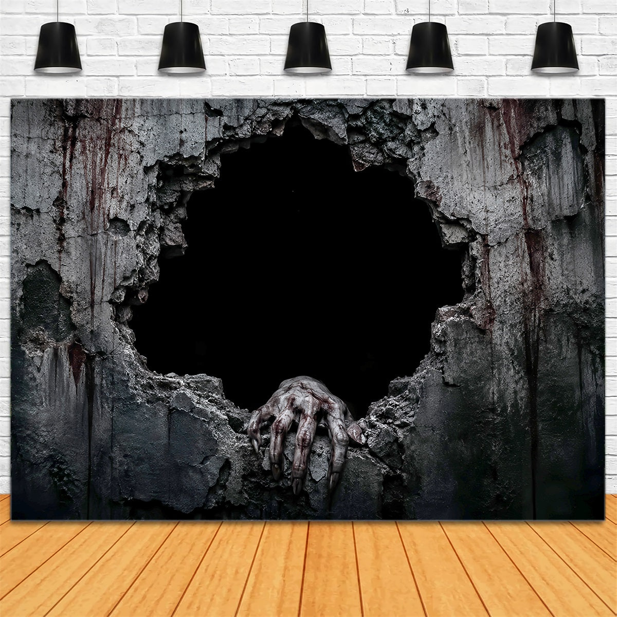 Halloween-Hintergrund Mit Blutmotiv Gruseliger Zerbrochener Wand Und Handmotiv LXX67-58