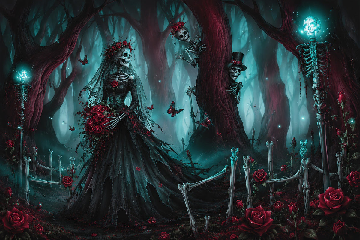 Halloween-HochzeitshintergrundSkelettbraut Waldrosen Halloween-Fotohintergrund LXX67-59