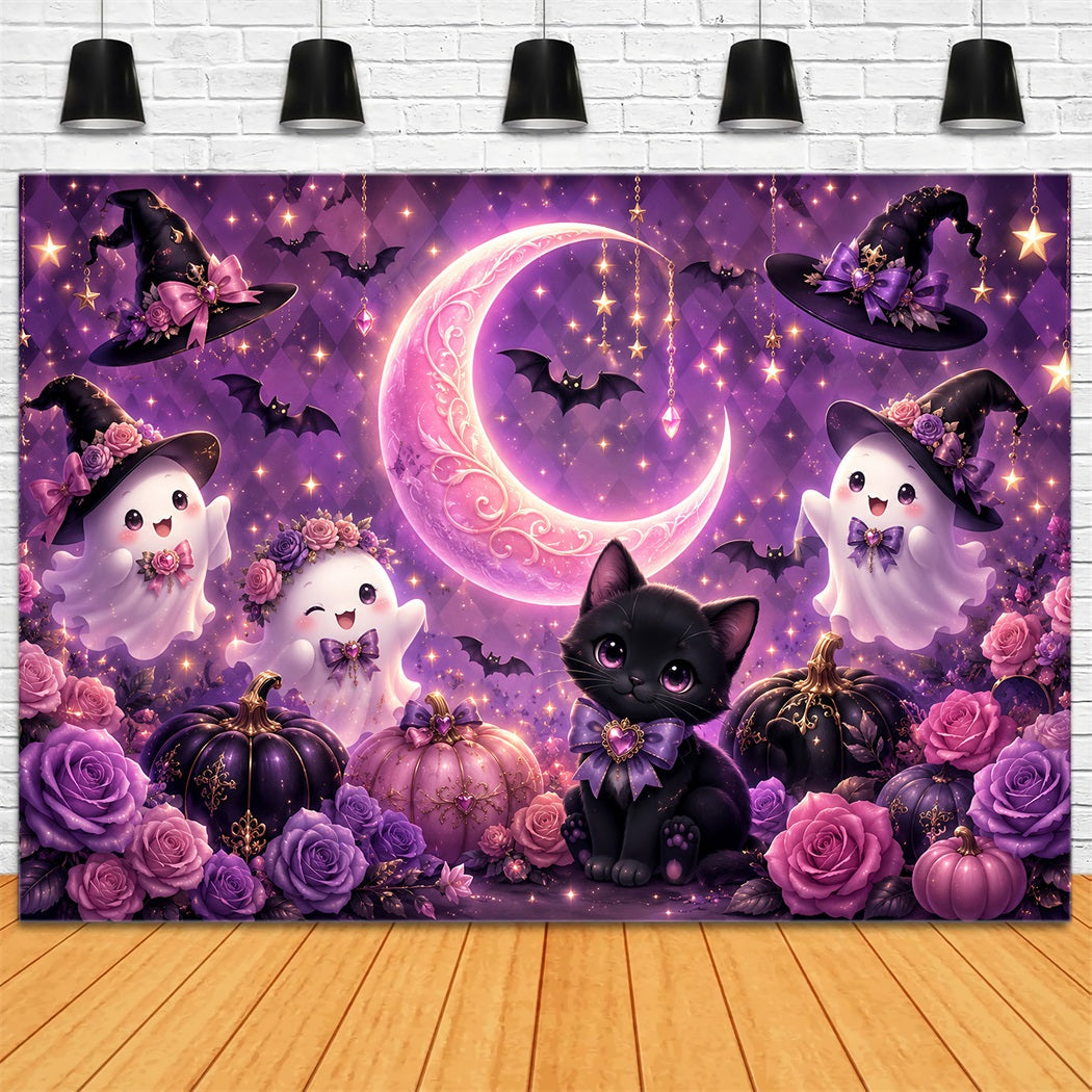 Niedliche Halloween-Hintergründe Niedliche Geisterkatzen-Mond-Hintergründe Szenensets LXX67-63
