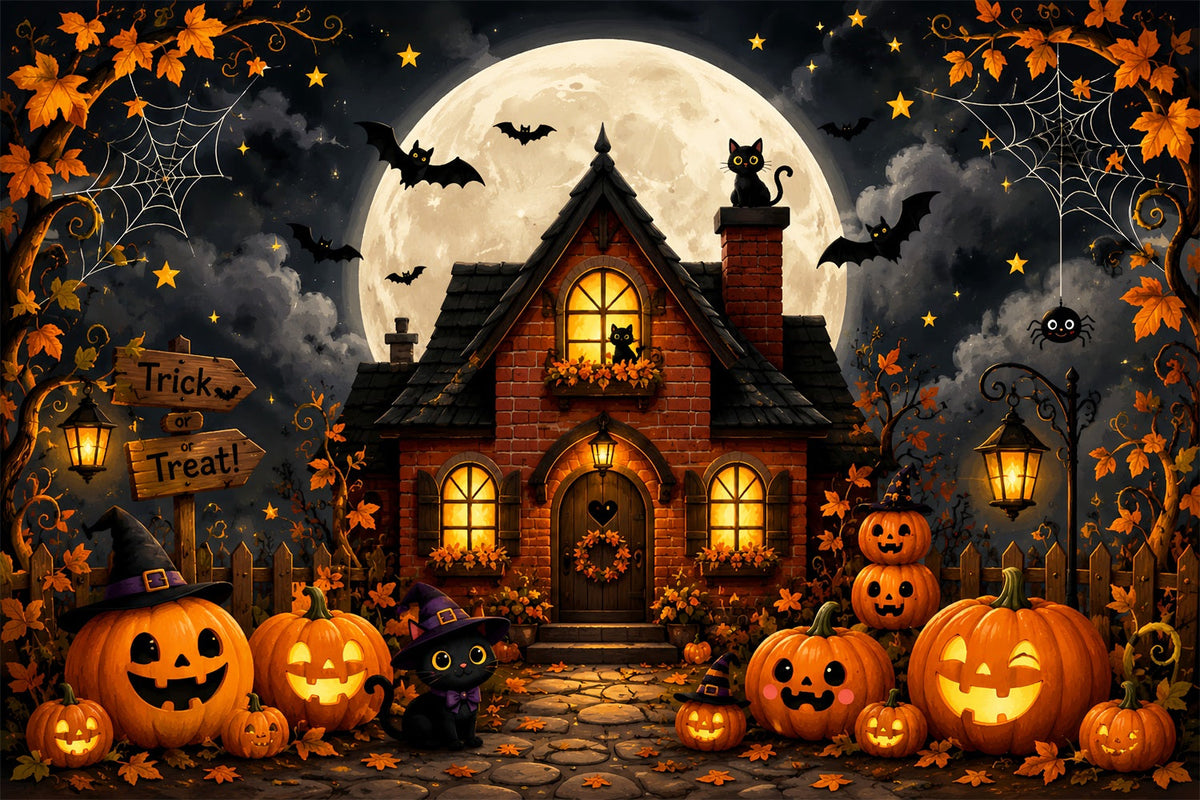 Halloween-Hintergrund Für DraußenNiedliches Kürbis-Katzenhäuschen Gruseliger Halloween-Hintergrund LXX67-66
