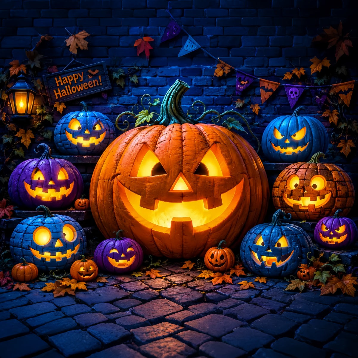 Halloween-Kürbis-Hintergrund Bunte Laternen Backsteinmauer Ideen Für Halloween-Fotohintergründe LXX67-69