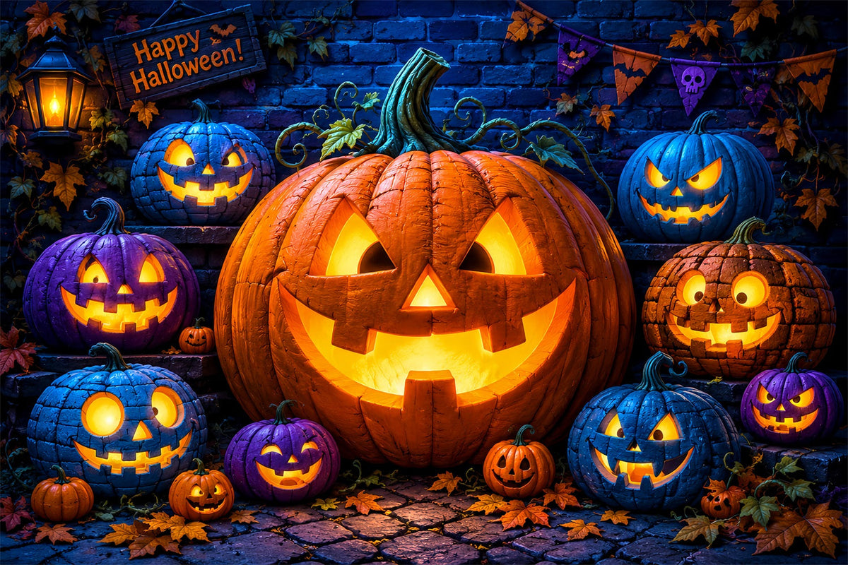 Halloween-Kürbis-Hintergrund Bunte Laternen Backsteinmauer Ideen Für Halloween-Fotohintergründe LXX67-69