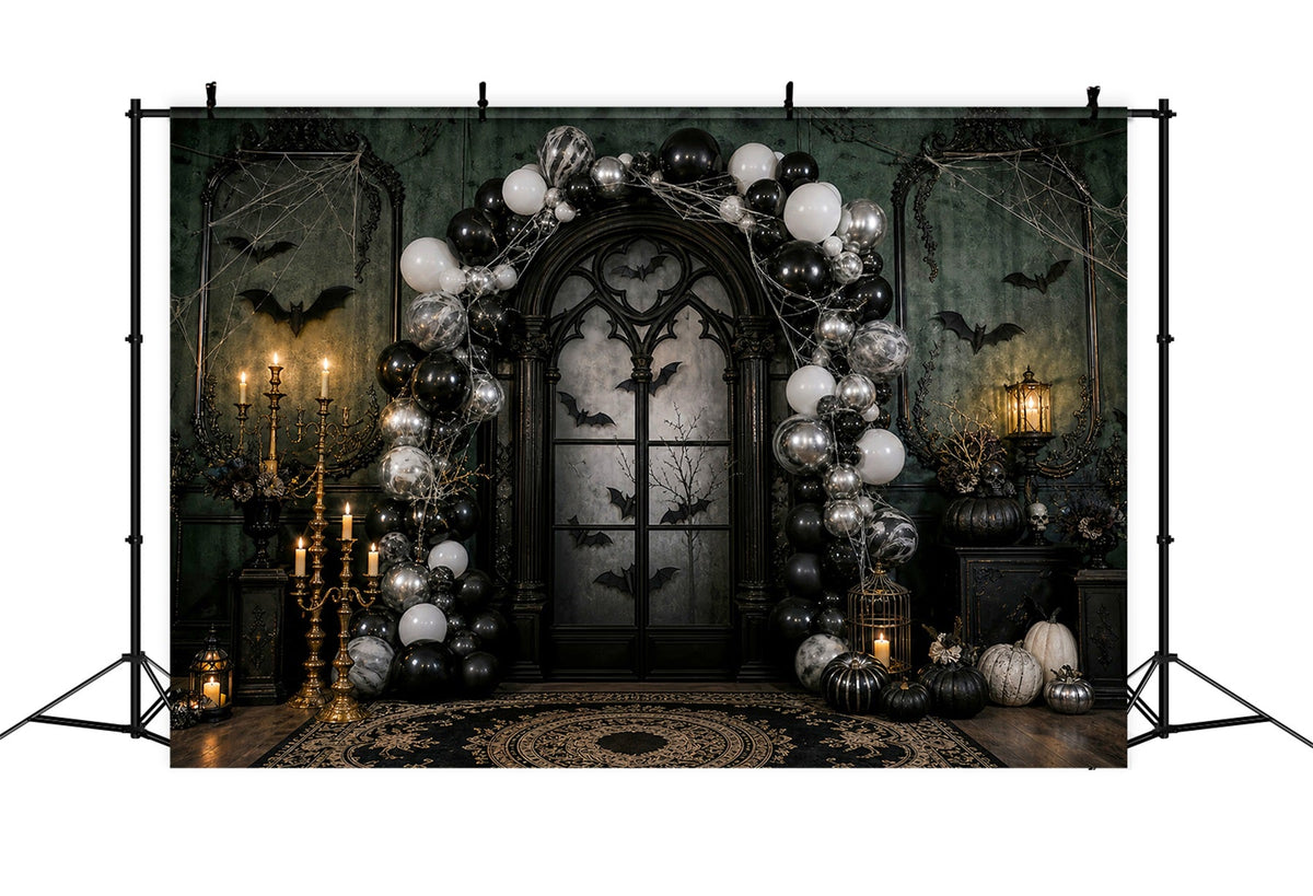 Halloween-Party-Hintergründe Gotischer Ballonbogen Kerzen Fledermäuse Halloween-Fotokabinen-Hintergrund LXX67-7