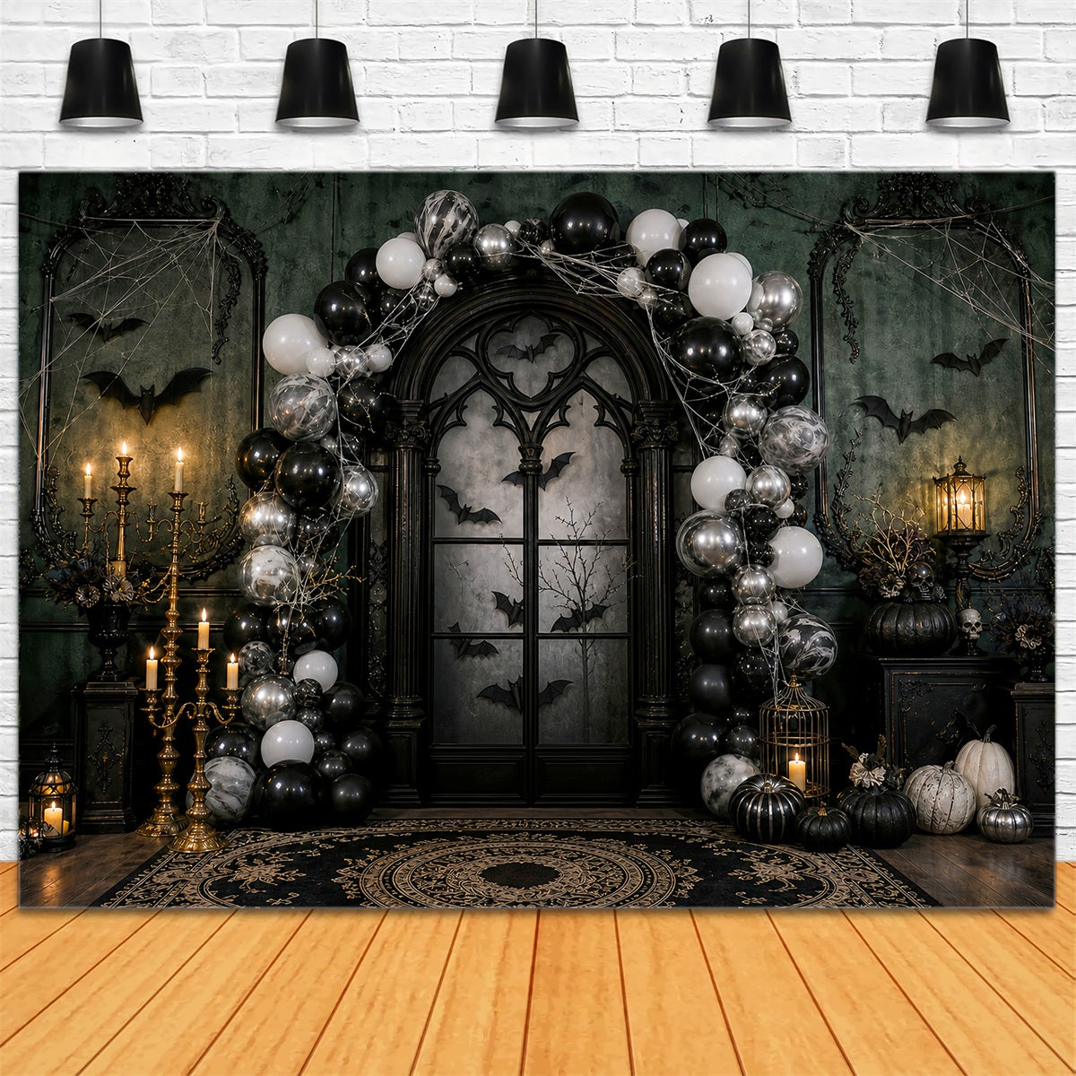 Halloween-Party-Hintergründe Gotischer Ballonbogen Kerzen Fledermäuse Halloween-Fotokabinen-Hintergrund LXX67-7