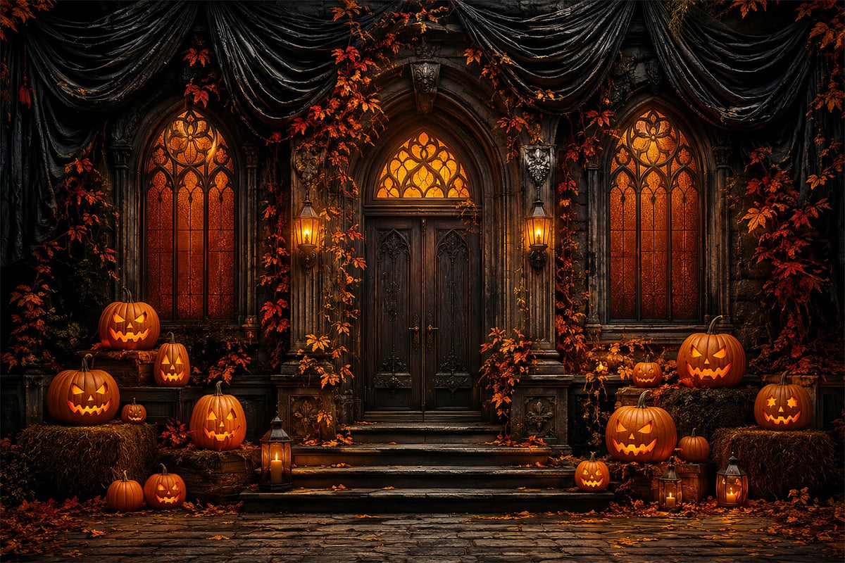 Niedliche Halloween-FotohintergrundkulisseGotischer Kürbis Herrenhaustür-Hintergrund Halloween LXX67-70