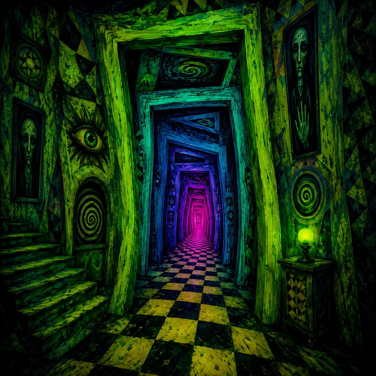 Halloween-Fotohintergrund-IdeenNeonfarbener Gruseliger Spiralflur-Fotohintergrund LXX67-72