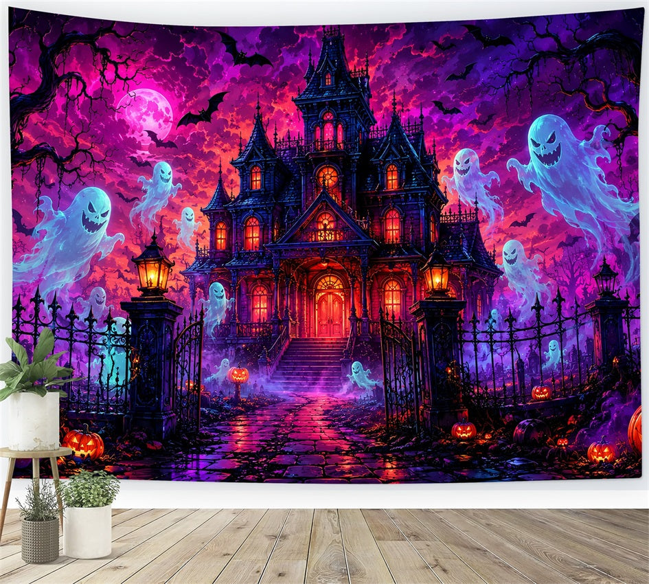 Halloween-Kulissen Aus Pappe Neon-Geistervilla Nacht-Fotohintergrund LXX67-76