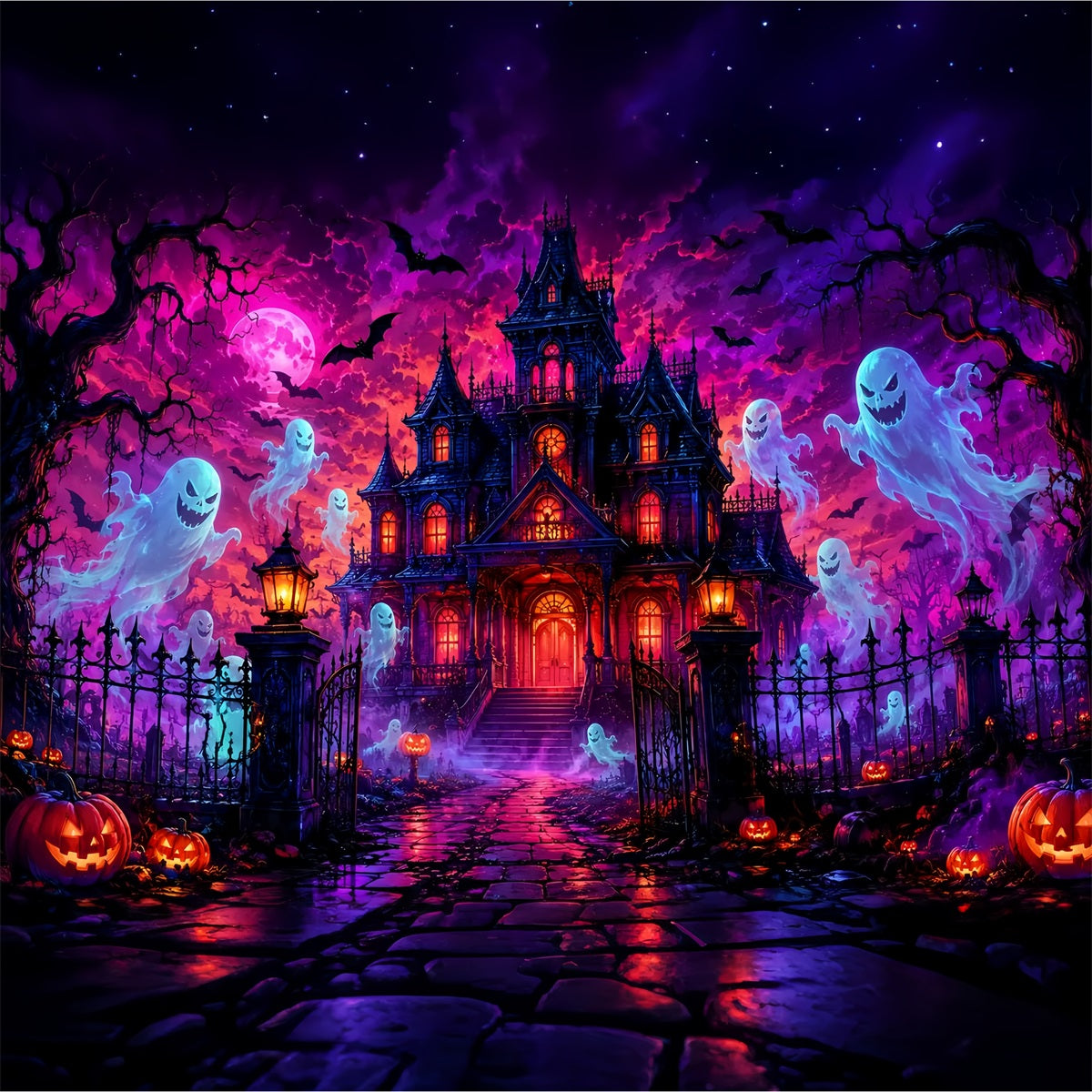 Halloween-Kulissen Aus Pappe Neon-Geistervilla Nacht-Fotohintergrund LXX67-76