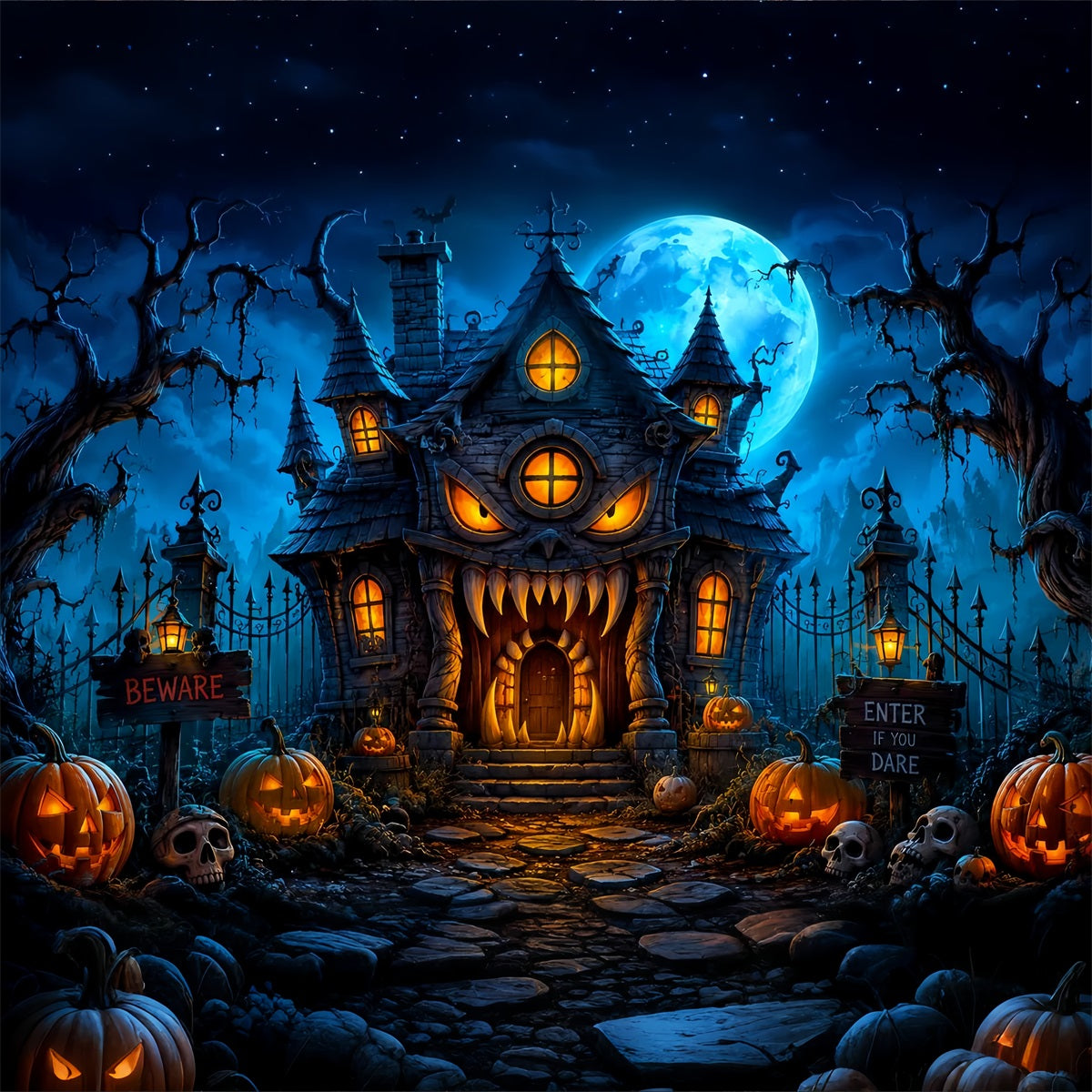 Halloween-Fotohintergrund Im FreienMonsterhaus Mit Kürbissen Bei Nacht LXX67-78