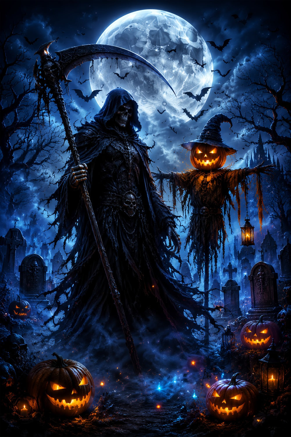 Halloween-Hintergrund Mit Mond Sensenmann Vogelscheuche Und Friedhof Halloween-Fotohintergründe LXX67-8