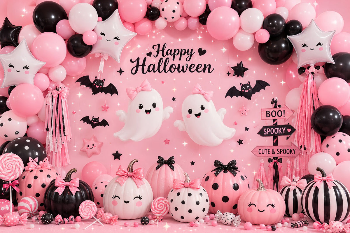 Halloween-Ballon-Hintergrund Rosa Geister-Kürbis-Party-Hintergrund Halloween-Themen-Hintergrund LXX67-86