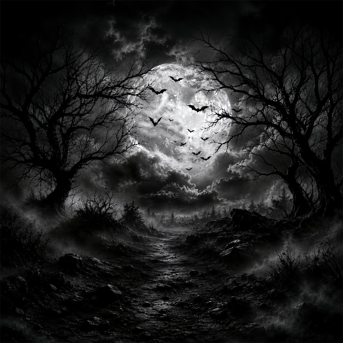 Halloween-Waldkulisse Monochrom Mond Fledermaus Wolken Vintage-Halloweenkulisse LXX67-88
