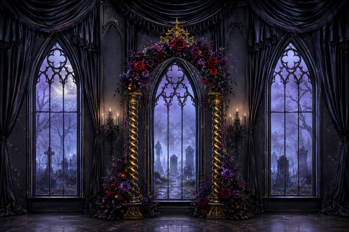 Halloween-Bogen-Hintergrund Gotisches Blumenfenster Große Halloween-Hintergründe LXX67-89
