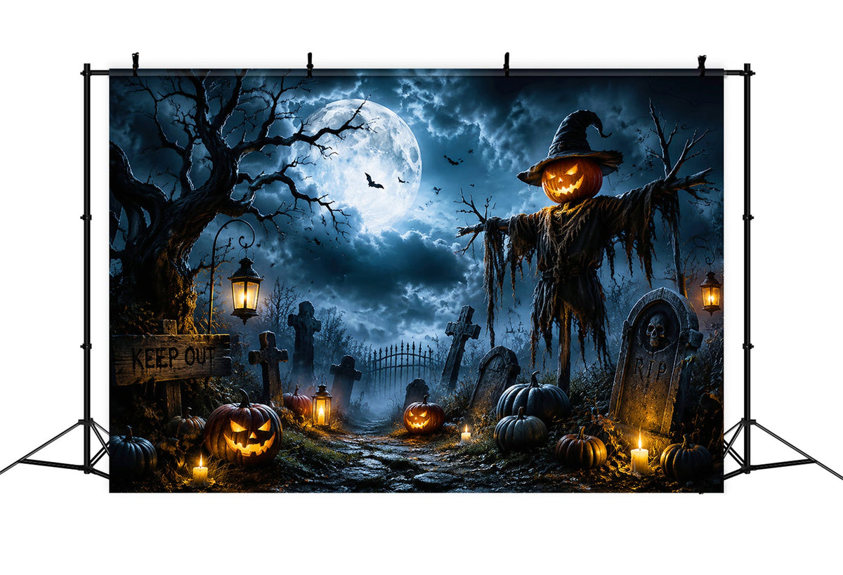 Halloween-Hintergrund Für Draußen Mondbeschienener Kürbis Vogelscheuche Friedhof Gruseliger Halloween-Hintergrund LXX67-9