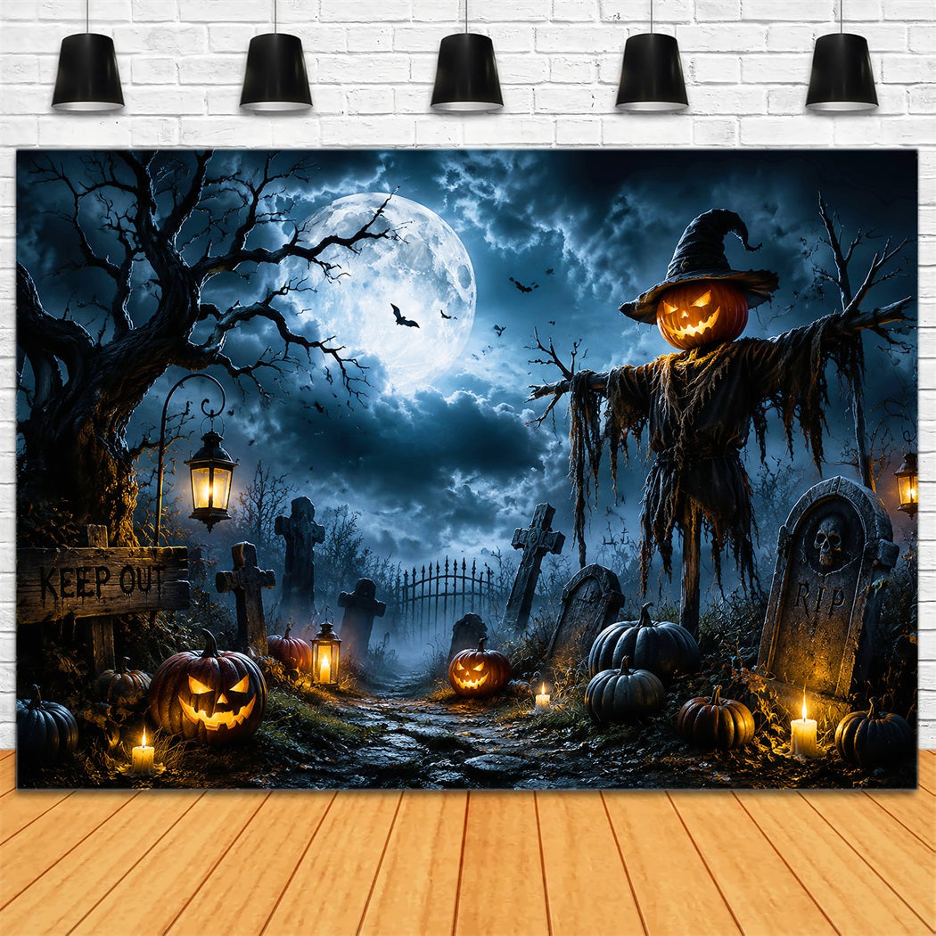 Halloween-Hintergrund Für Draußen Mondbeschienener Kürbis Vogelscheuche Friedhof Gruseliger Halloween-Hintergrund LXX67-9