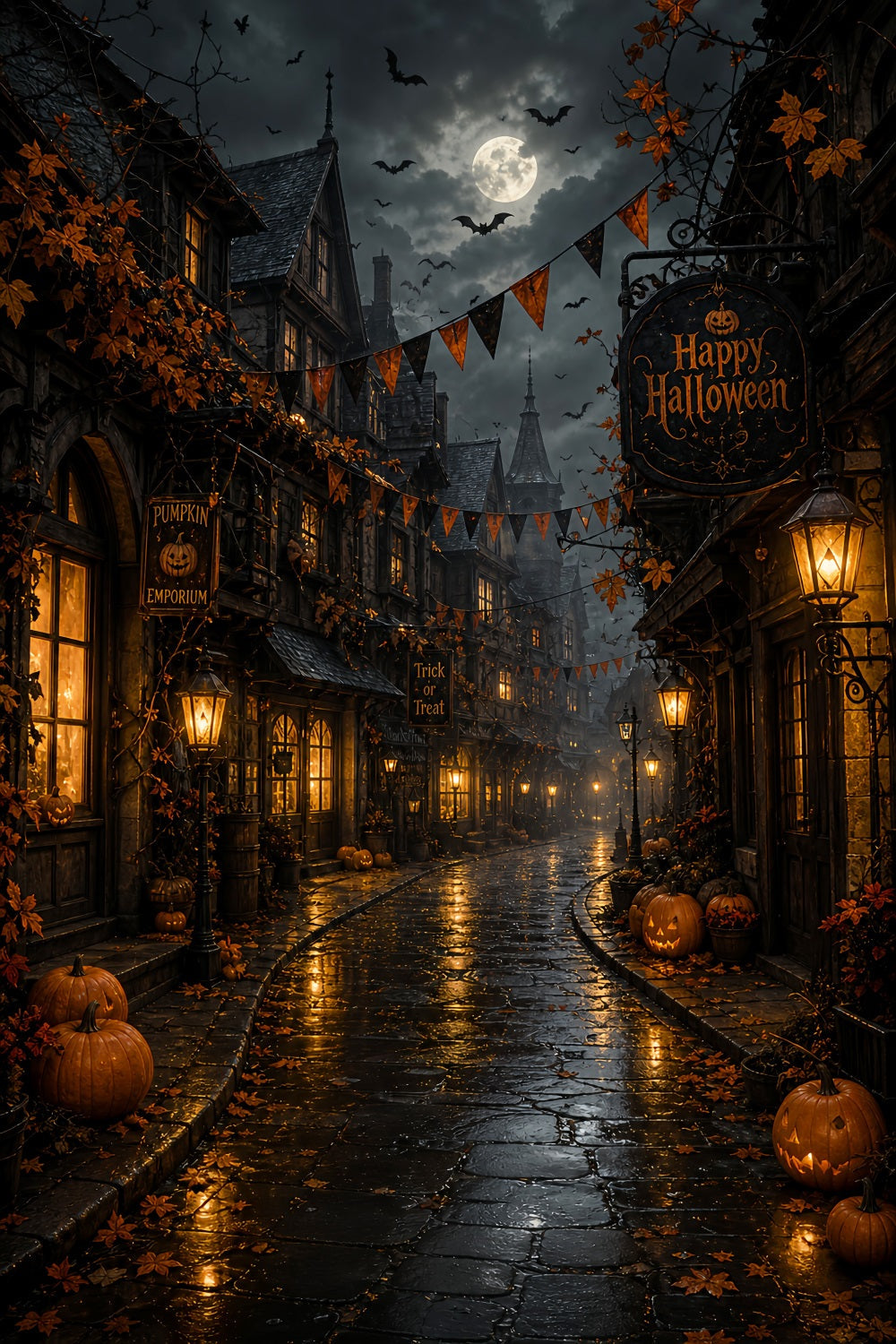 Fotohintergründe Halloween Mondbeschienene Kürbisdorfstraße Halloweenstadt Hintergrund LXX67-93