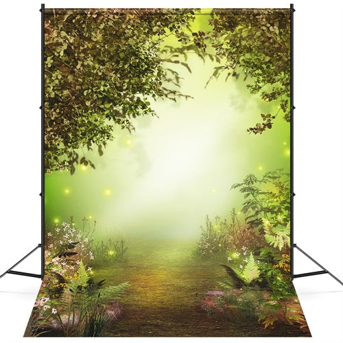 Hazy Misty Early Morning Wald mit Blumen Hintergrund M1-66