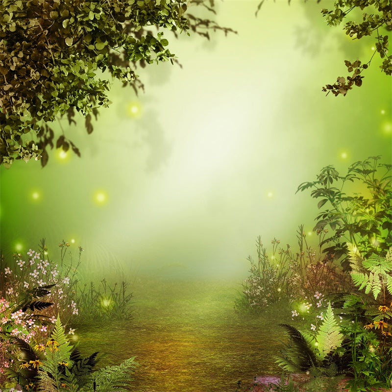 Hazy Misty Early Morning Wald mit Blumen Hintergrund M1-66