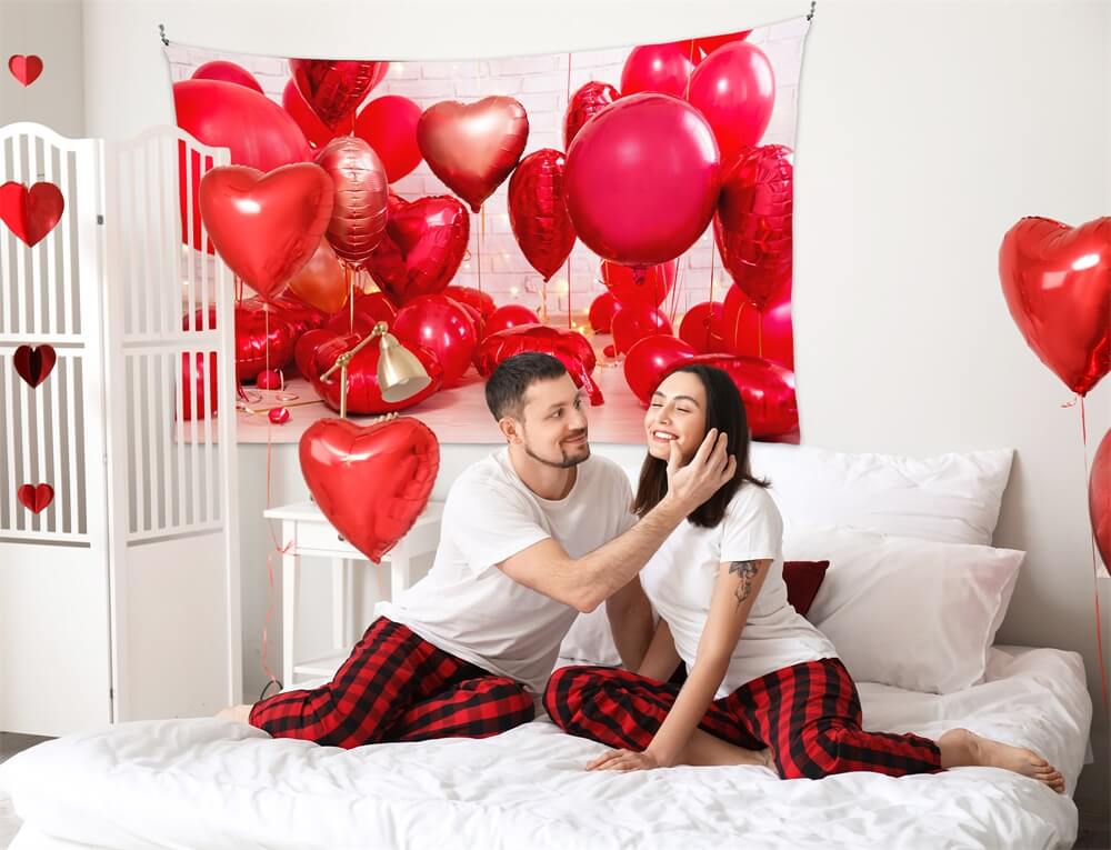 Valentinstag rotes Herz Ballon Strip Lights Weiß Backsteinmauer Zimmer Hintergrund M12-12
