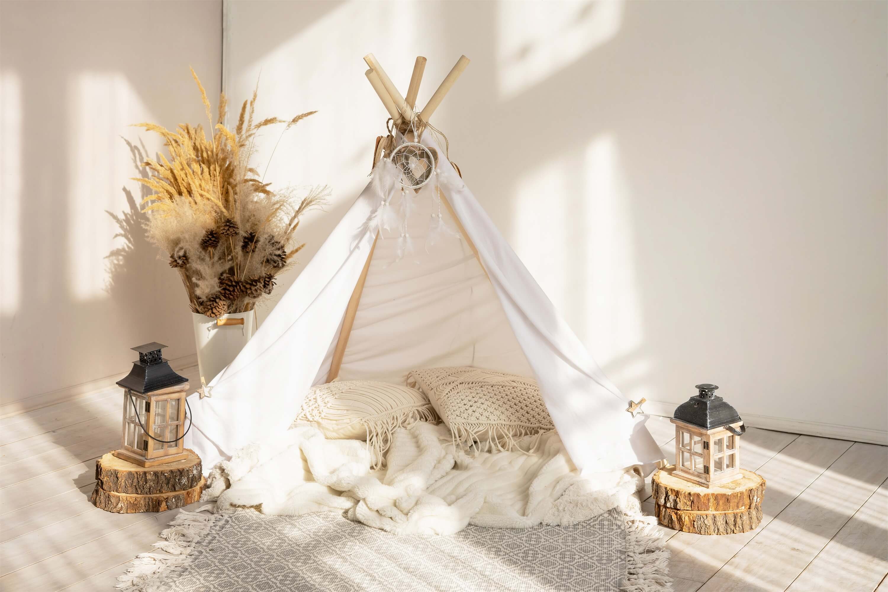 zelt decke Boho Cosy Indoor kleines Zelt gestrickte Decke Traumfänger Hintergrund