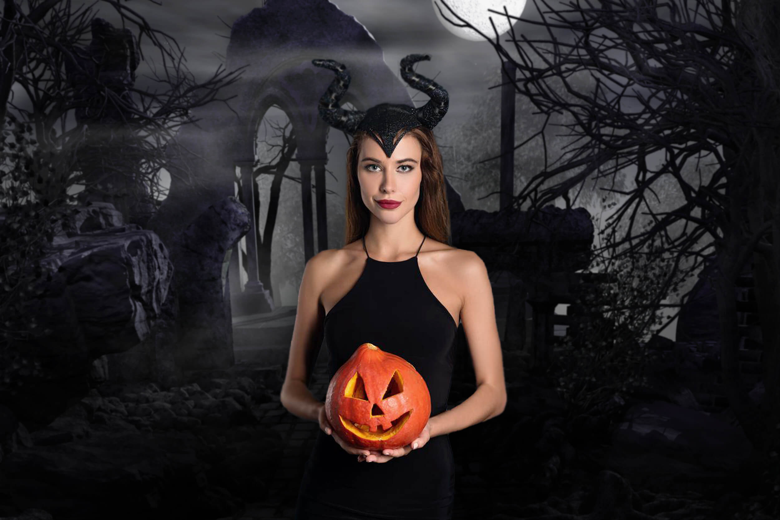 Halloween Vollmond düsterer Gebäude Hintergrund M6-134
