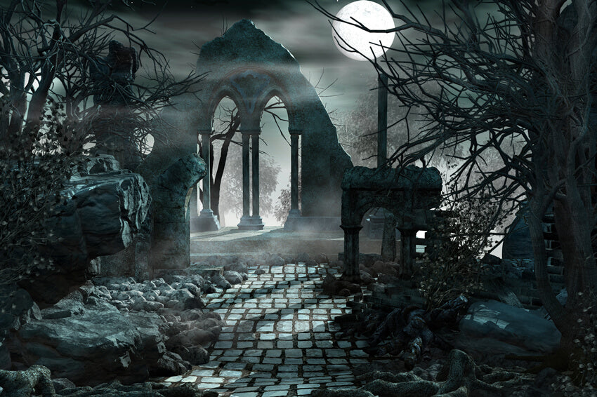 Halloween Vollmond düsterer Gebäude Hintergrund M6-134