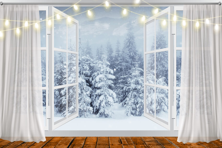 Fenster Winter Schneelandschaft Kiefernbaum Hintergrund M6-151