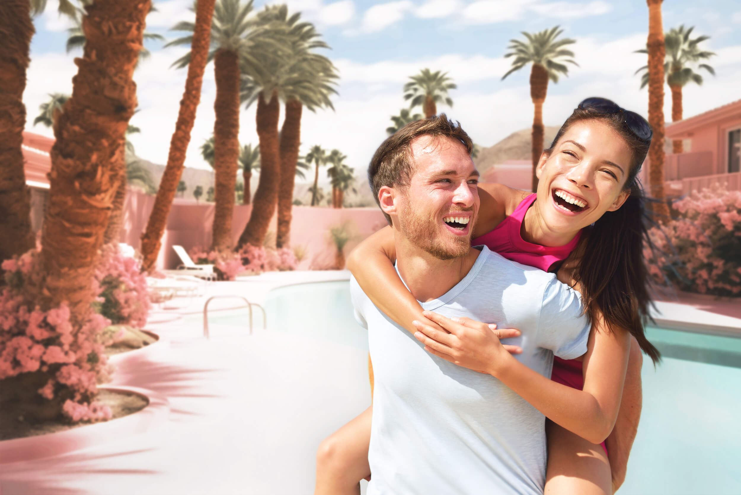 Verträumte Puppel Rosa Strandhaus Pool Hintergrund M7-100