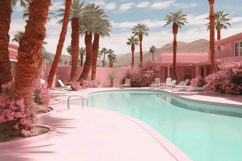 Verträumte Puppel Rosa Strandhaus Pool Hintergrund M7-100