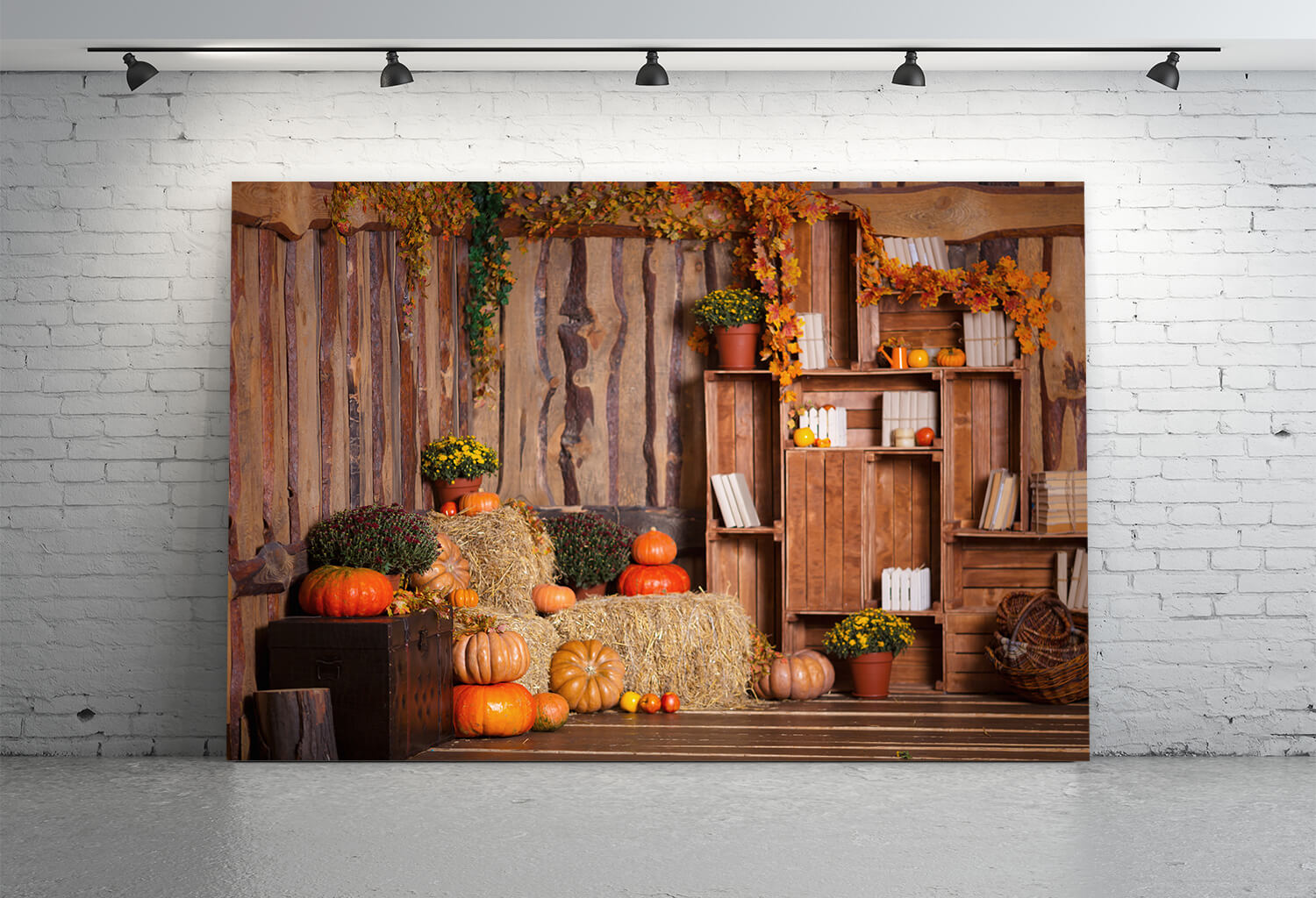 Heuhaufen Kürbis Ahornblätter Herbst Kulisse M8-33