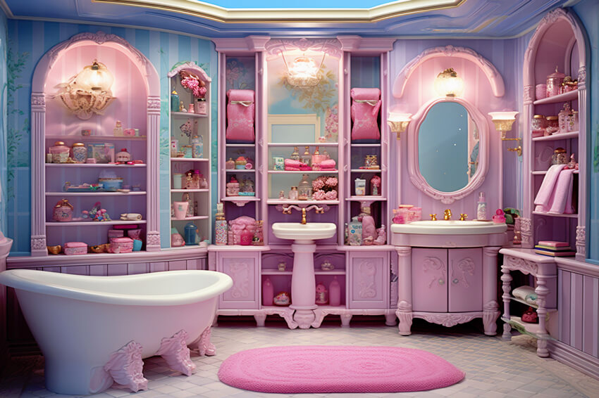 Phantasie Puppe Rosa Badezimmer Puppenhaus Hintergrund M8-38