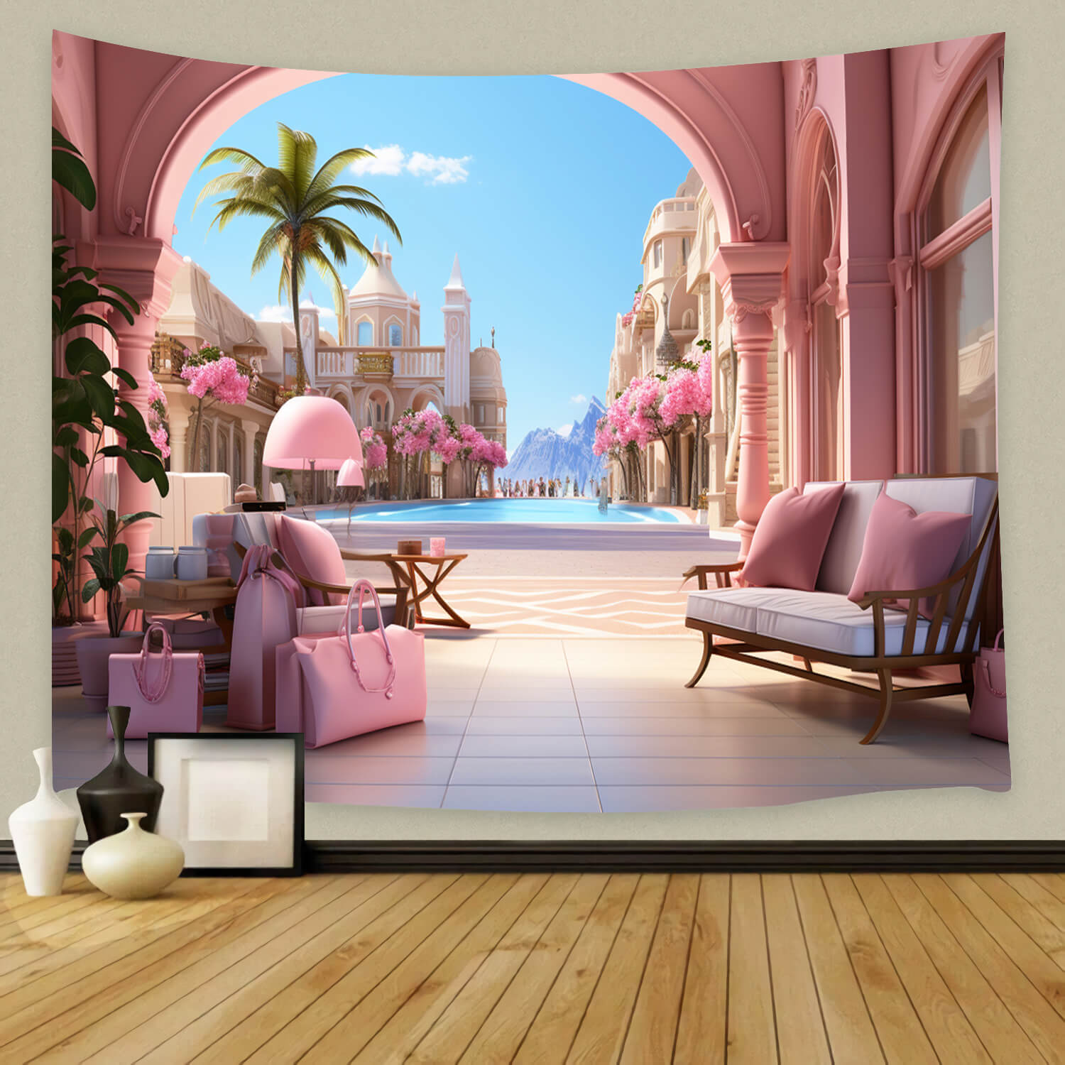 Rosa Urlaub Schloss Mode Puppe Kulisse M8-39