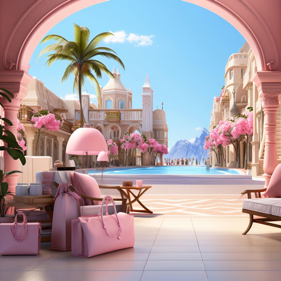 Rosa Urlaub Schloss Mode Puppe Kulisse M8-39