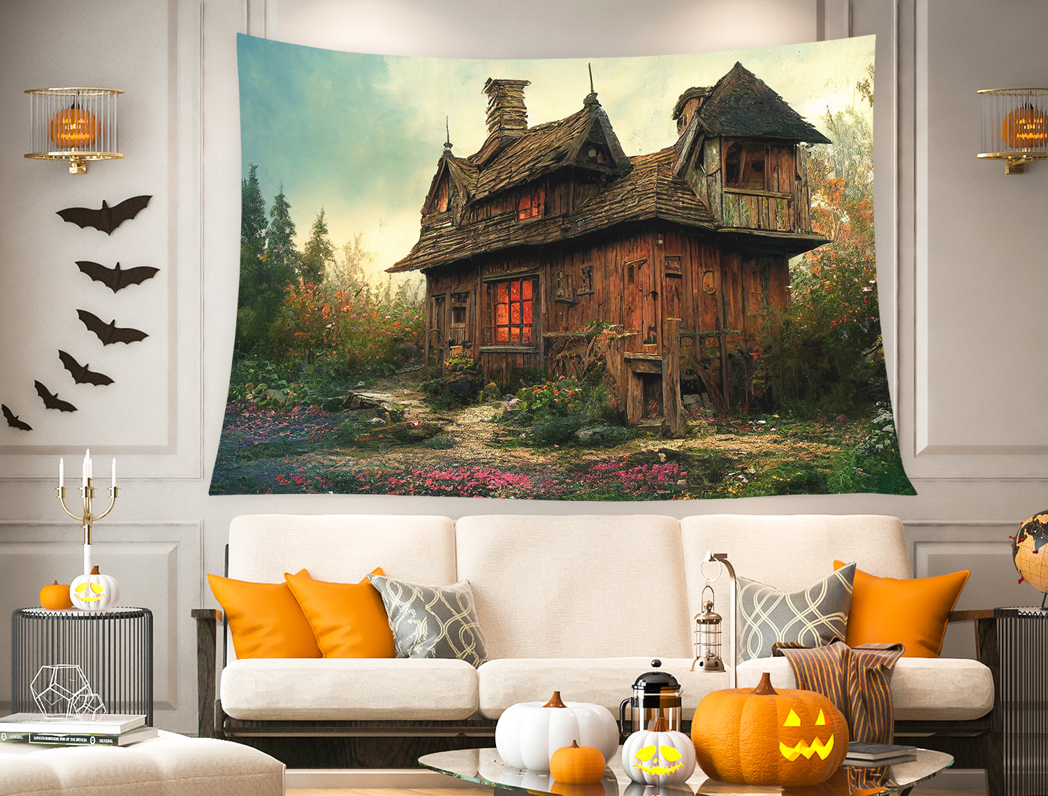 Wandteppich Wandbehang Wald Holzhütte Kunst T-M8-45