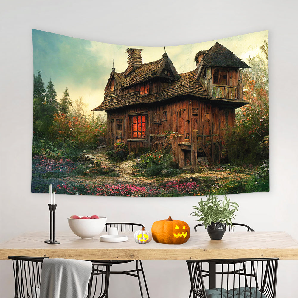 Wandteppich Wandbehang Wald Holzhütte Kunst T-M8-45