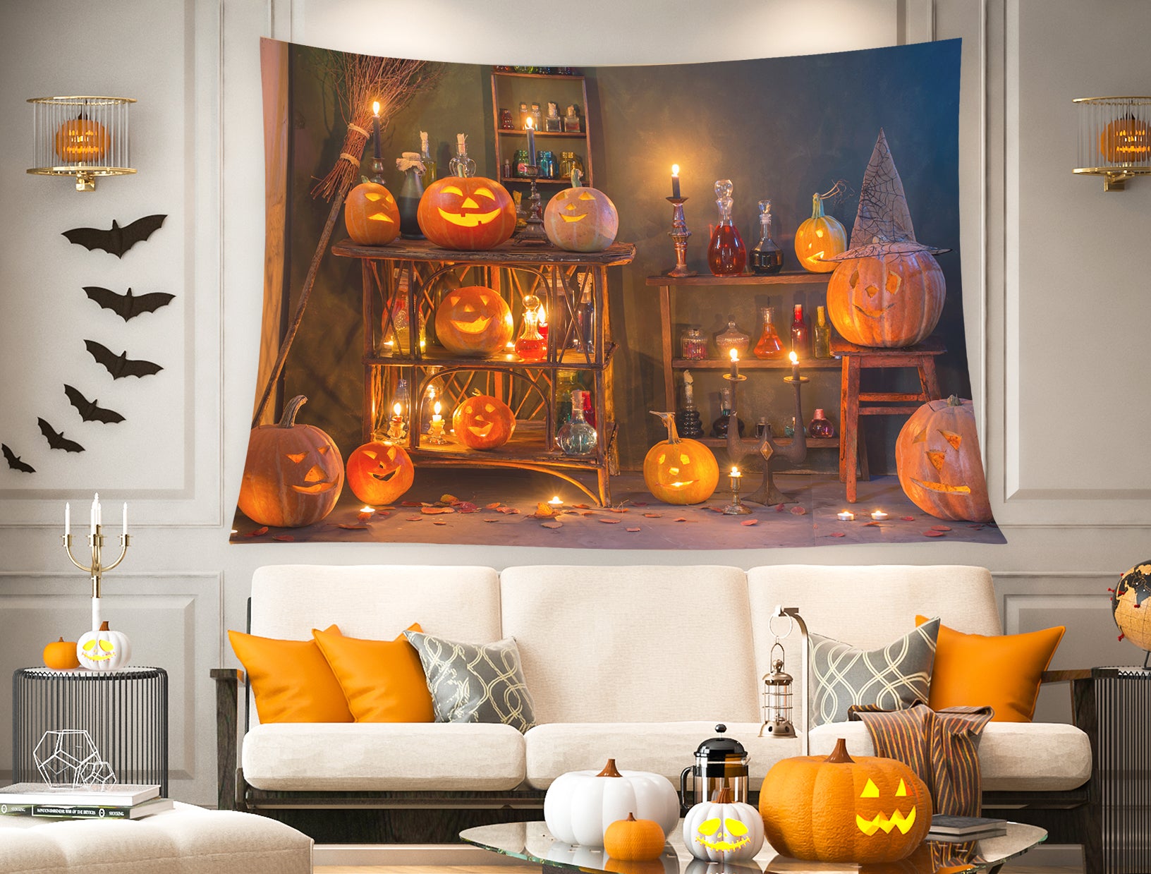 Halloween Kürbisse Lichter Gobelin Wandbehang T-M8-48